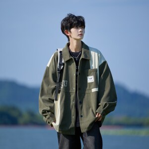 新款港风撞色拼接大码灯芯绒夹克 男宽松外套相机片 6629 P68控98图片