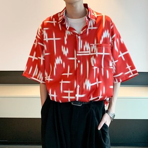 酒店内景宽松港风宽松短袖衬衫男装碎花衬衣 6625 P40控58图片