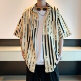 潮男日系衬衣小清新条纹薄款短袖衬衫港风酒店内景6619P40控58，男装衬衫，电商A034