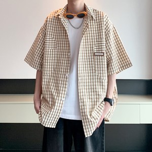 夏款港风男士衬衣 流行格子宽松短袖衬衫 酒店内景 6610 P45控58图片