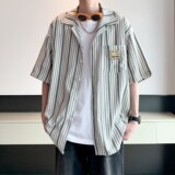 2025内景酒店风夏男士短袖衬衫条纹宽松衬衣6611P48控68，男装衬衫，电商A034