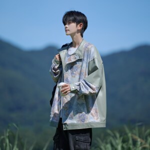 相机片青年痞帅高街皮衣外套男休闲宽松机车花夹克 6656 P88控128图片
