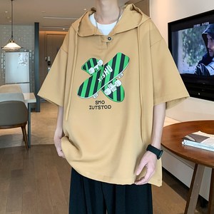 美式连帽短袖卫衣男hoodie潮牌重磅oversize痞帅青少年外套夏薄款图片