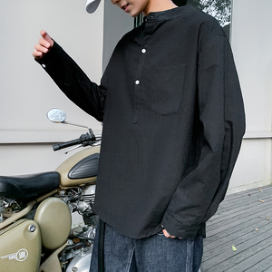 纯色宽松套头立领衬衫 男长袖立领衬衣C163-P45 控68图片