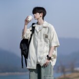 日系蓝色条纹短袖衬衫男夏季宽松休闲衬衣cleanfit小众设计感外套，男装衬衫，电商A034