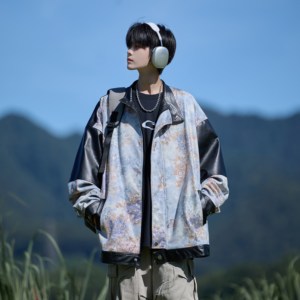 胖胖哥潮流拼接花纹宽松夹克男2025秋季新款百搭休闲大码立领外套图片