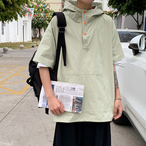 纯色短袖衬衫男女情侣连帽衬衣 港风休闲外套 2202 P50控68图片