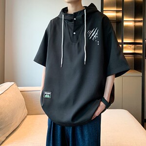 港风内景休闲短袖衬衫 青年男装连帽宽松套头衬衣 6608 P48 控68图片