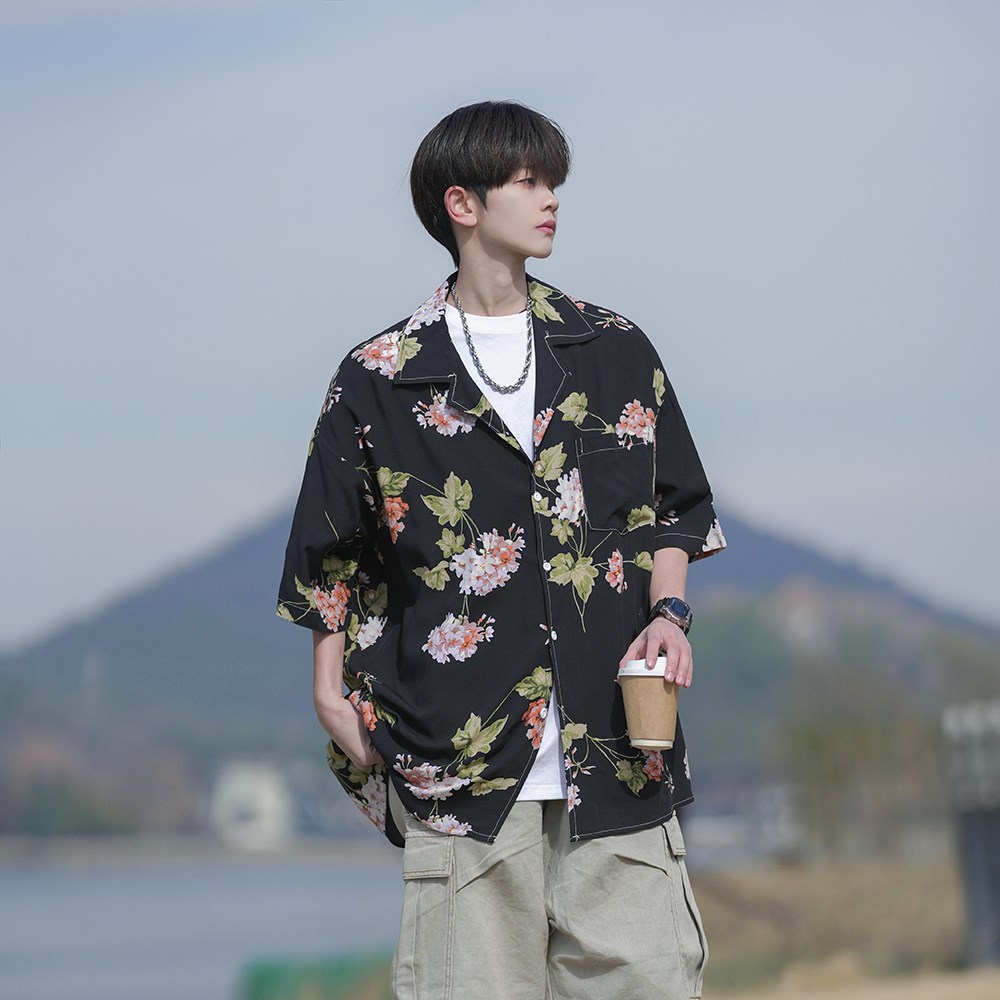 夏款大码短袖衬衫青年男碎花宽松衬衣相机片外景6622P40控58,男装衬衫,电商A034