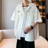 夏季宽松半袖衬衣潮男纯色大码短袖衬衫港风内景6607P48控68，男装衬衫，电商A034