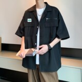 2025宽松半袖衬衣男纯色休闲短袖衬衫港风酒店内景6607P48控68，男装衬衫，电商A034