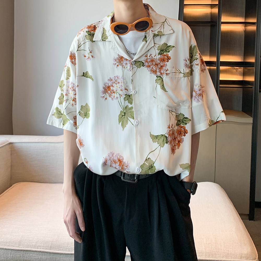 小清新2025夏新款短袖衬衫男士花色衬衣港风内景6622P40控58,男装衬衫,电商A034