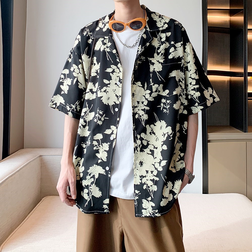 港风内景夏款南亚风夏短袖衬衫男宽松休闲碎花衬衣6617P40控58,男装衬衫,电商A034