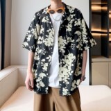 港风内景夏款南亚风夏短袖衬衫男宽松休闲碎花衬衣6617P40控58，男装衬衫，电商A034