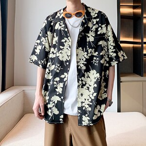 港风内景夏款南亚风夏短袖衬衫 男宽松休闲碎花衬衣 6617 P40控58图片