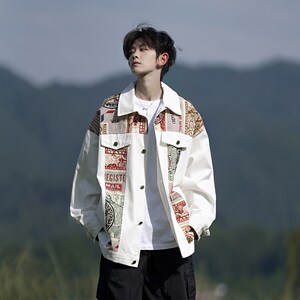 大码秋装拼接青年宽松休闲港风美式男外套夹克相机 2897 P75控98,男装夹克,电商A034