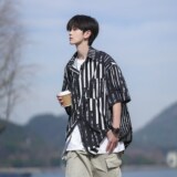 潮男日系衬衣宽松条纹大码宽松短袖衬衫港风相机片6619P40控58，男装衬衫，电商A034