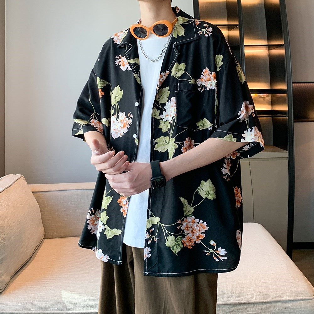 2025新款流行短袖衬衫男士宽松碎花衬衣酒店内景6622P40控58,男装衬衫,电商A034