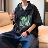 小清新港风休闲衬衫大码连帽短袖衬衣男港风内景6613P48控68，男装衬衫，电商A034
