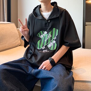 小清新港风休闲衬衫 大码连帽短袖衬衣男港风内景 6613 P48 控68图片
