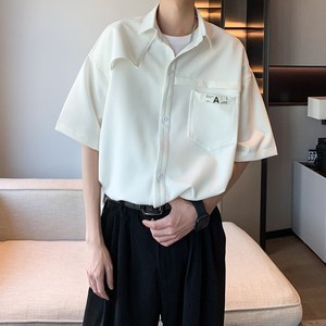 粉色冰丝短袖衬衫男款夏季高级感休闲衬衣大码宽松百搭七分袖外套图片