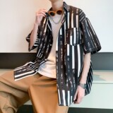 潮男日系衬衣小清新条纹薄款短袖衬衫港风酒店内景6619P40控58，男装衬衫，电商A034
