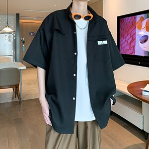 大码潮男衬衣高级感纯色休闲短袖衬衫二开酒店内景 6606 P45控58图片