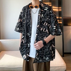 港风内景夏季宽松清凉短袖衬衫男冰丝花衬衣二开 6623 P40控58图片