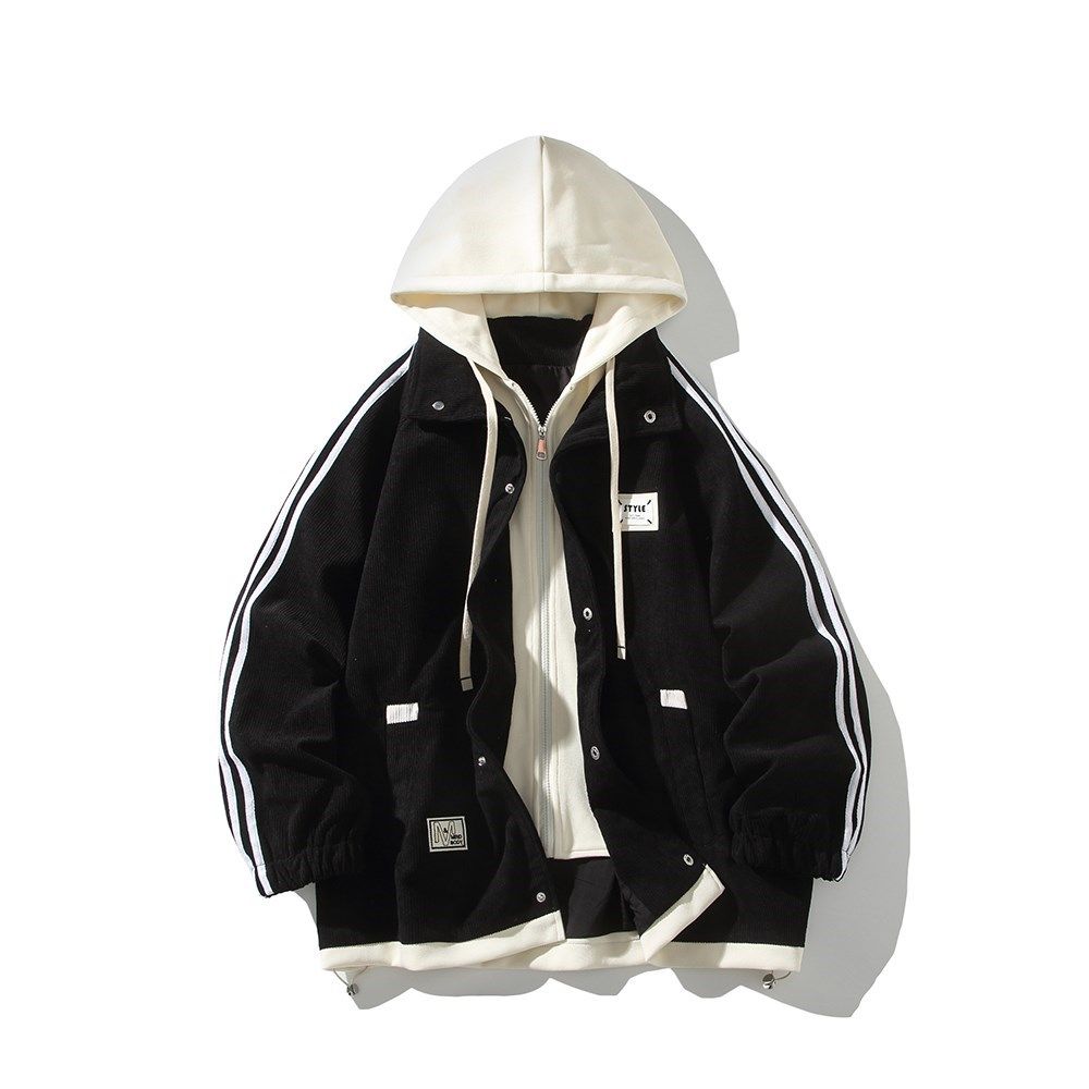 白底连帽外套港风夹克高街青年男假两件撞色夹克6636P88控128，男装夹克，电商A034
