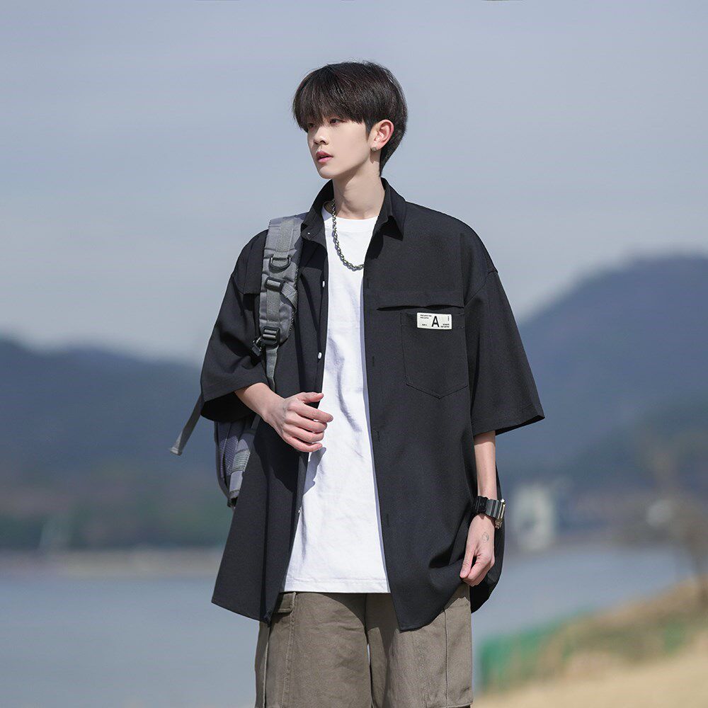 白色工装短袖衬衫男款cleanfit日系大码衬衣夏季宽松休闲百搭外套,男装衬衫,电商A034