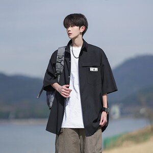 白色工装短袖衬衫男款cleanfit日系大码衬衣夏季宽松休闲百搭外套图片