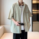 夏款港风男士衬衣流行格子宽松短袖衬衫酒店内景6610P45控58，男装衬衫，电商A034