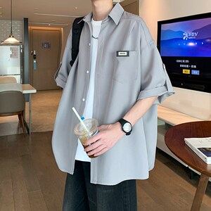 wassup happy黑色短袖衬衫男夏季2025新款潮牌宽松青少年休闲外套图片