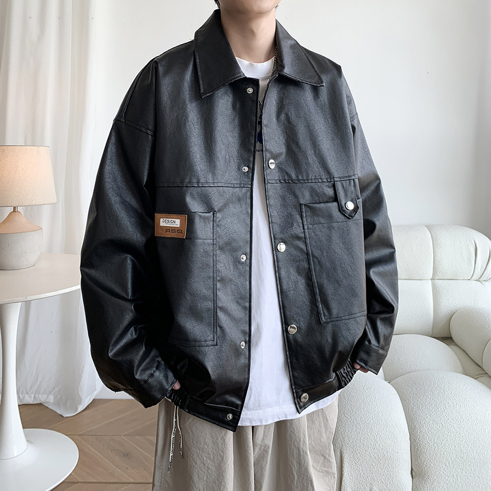 新款潮牌大码日系皮衣外套纯色男休闲机车服夹克 2861 P78控118图片