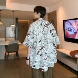 港风酒店内景日系休闲夏短袖衬衫男小清新碎花衬衣6623P40控58，男装衬衫，电商A034
