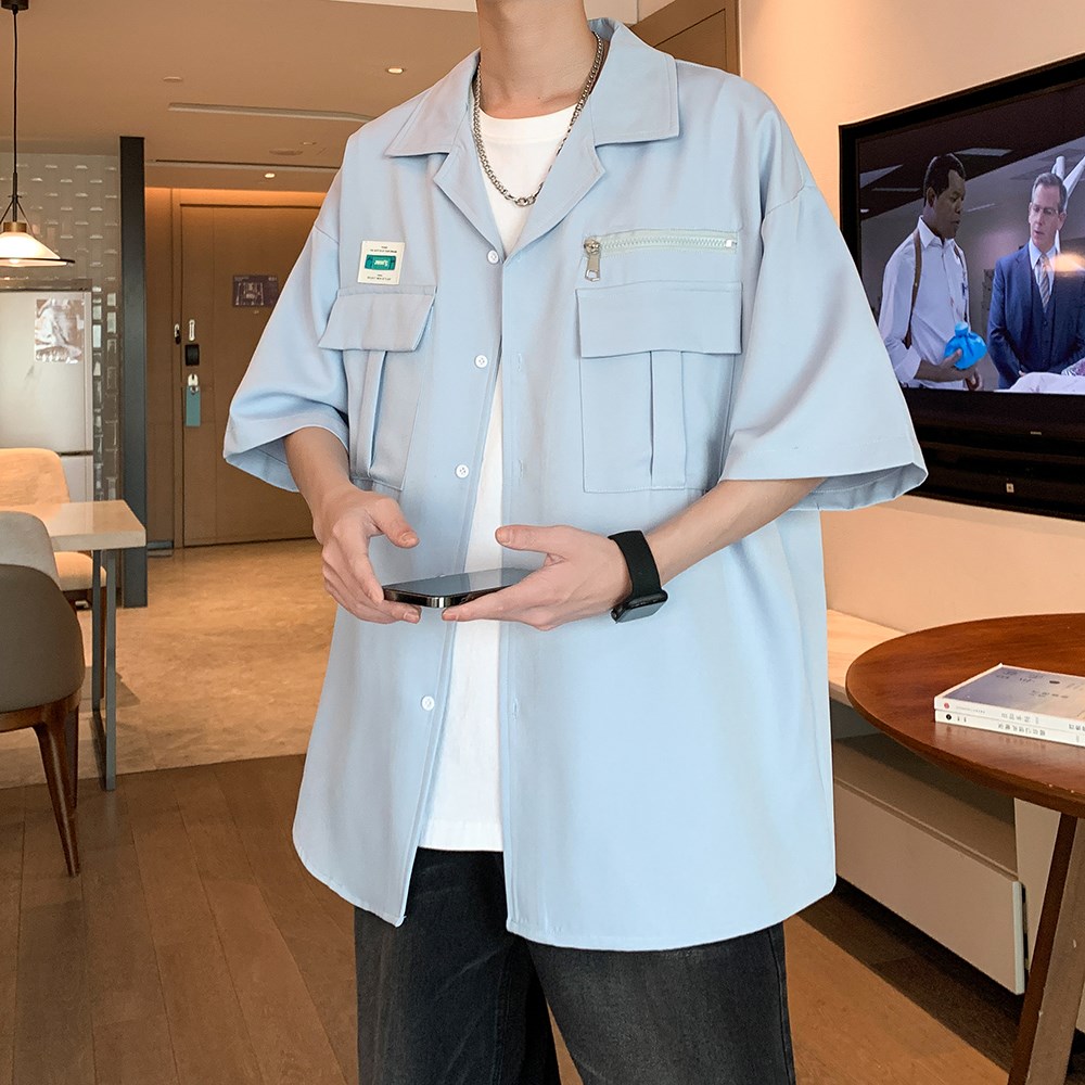 夏季休闲半袖衬衣 潮男纯色大码短袖衬衫酒店内景 6607 P48控68图片