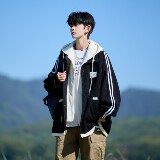 相机片大码撞色连帽外套港风夹克纯色百搭男假两件6636P88控128，男装夹克，电商A034