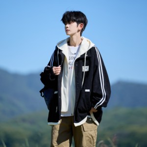 相机片大码撞色连帽外套港风夹克纯色百搭男假两件 6636 P88控128，男装夹克，电商A034