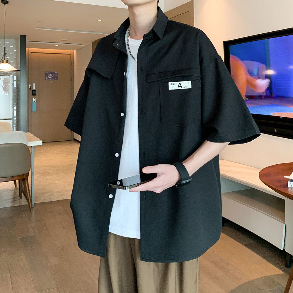 夏款潮男衬衣 青年纯色大码短袖衬衫二开港风内景 6606 P45控58图片