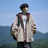 灯芯绒大码印花连帽外套假两件男休闲夹克相机外景6635P98控138，男装夹克，电商A034