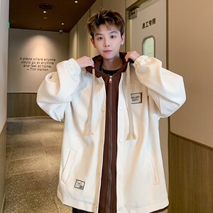 新款撞色连帽外套假两件学院风男休闲夹克港风外景 6635 P98控138图片