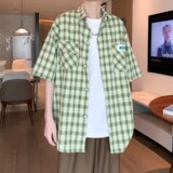 wassuphappy绿色短袖衬衫男夏季薄款潮牌宽松大码七分袖休闲外套，男装衬衫，电商A034