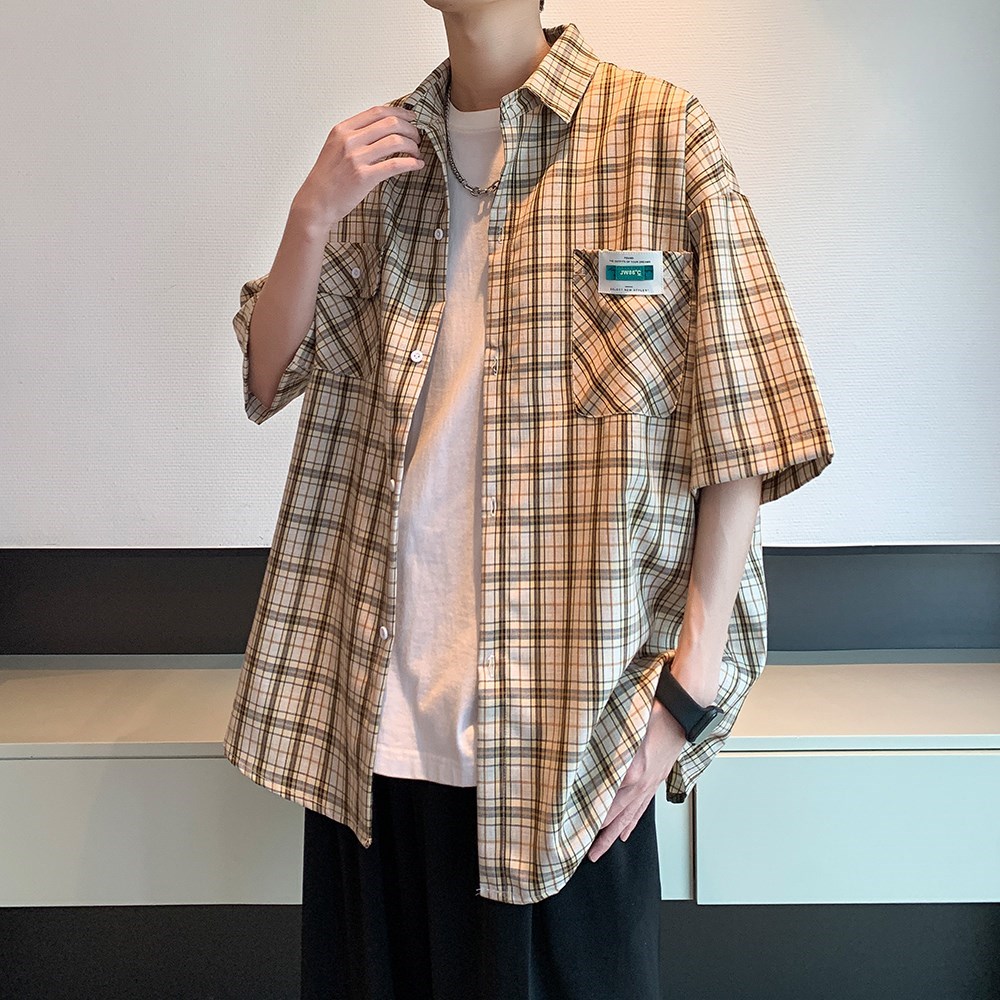 内景夏新款二开港风格子衬衫短袖衬衣青年男装6609P45控58,男装衬衫,电商A034