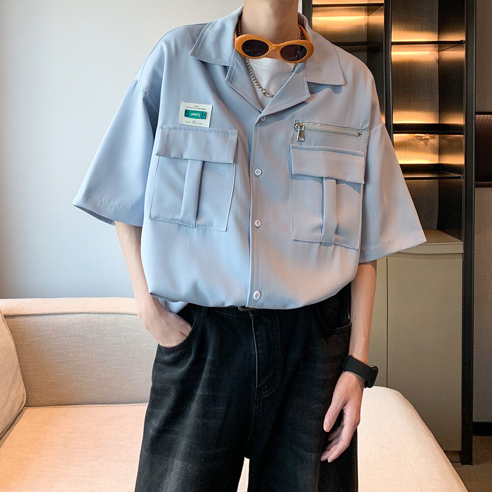 2025宽松半袖衬衣男纯色休闲短袖衬衫 港风酒店内景 6607 P48控68图片