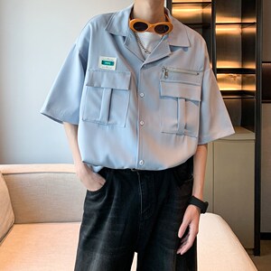 2025宽松半袖衬衣男纯色休闲短袖衬衫 港风酒店内景 6607 P48控68图片