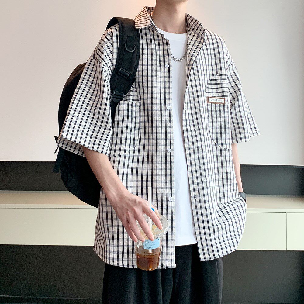 wassup happy格子短袖衬衫男夏季潮牌宽松半袖衬衣服复古休闲外套图片