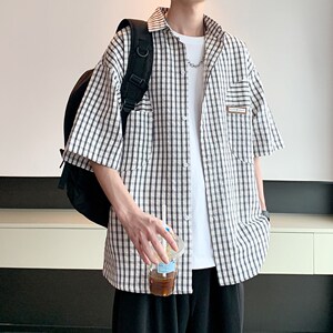 wassup happy格子短袖衬衫男夏季潮牌宽松半袖衬衣服复古休闲外套图片