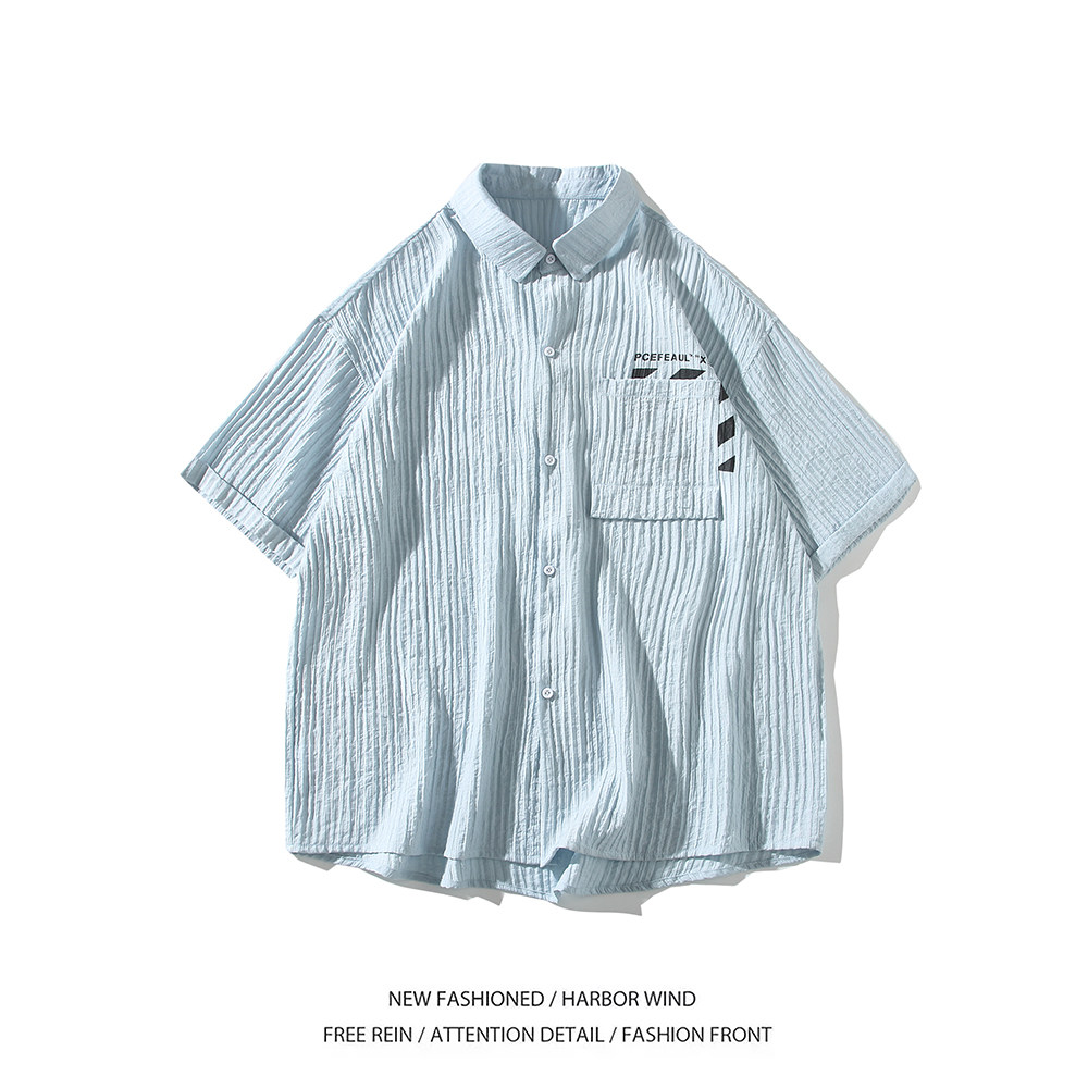 wassuphappy冰丝短袖衬衫男夏季薄款潮流大码半袖上衣服休闲外套,男装衬衫,电商A034