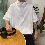 2023纯色短袖衬衫男女连帽衬衣港风休闲外套2202P50控68，男装衬衫，电商A034