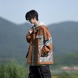 相机秋装宽松大码潮牌男外套拼接花纹夹克日系港风2879P75控98，男装夹克，电商A034